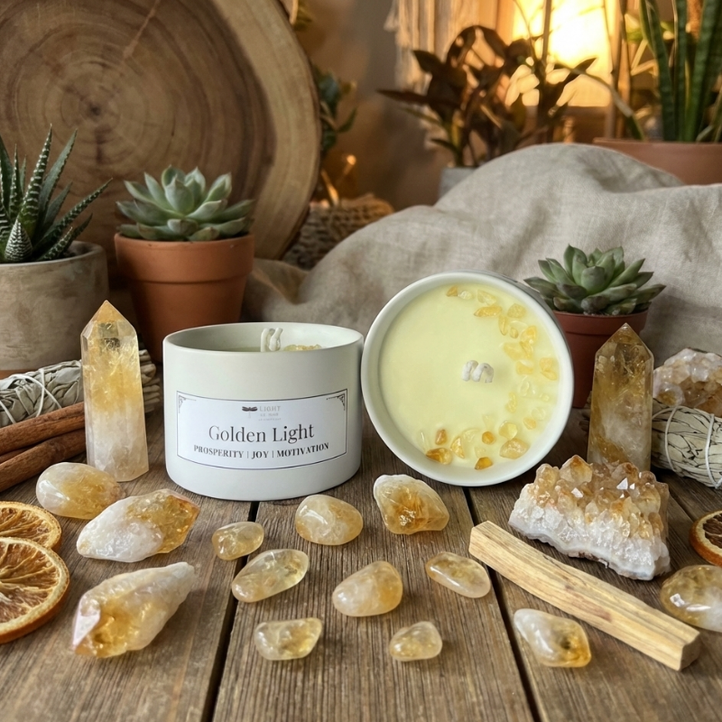 Soy Candle with decorative citrine stones, crystals, and plants on a wooden surface