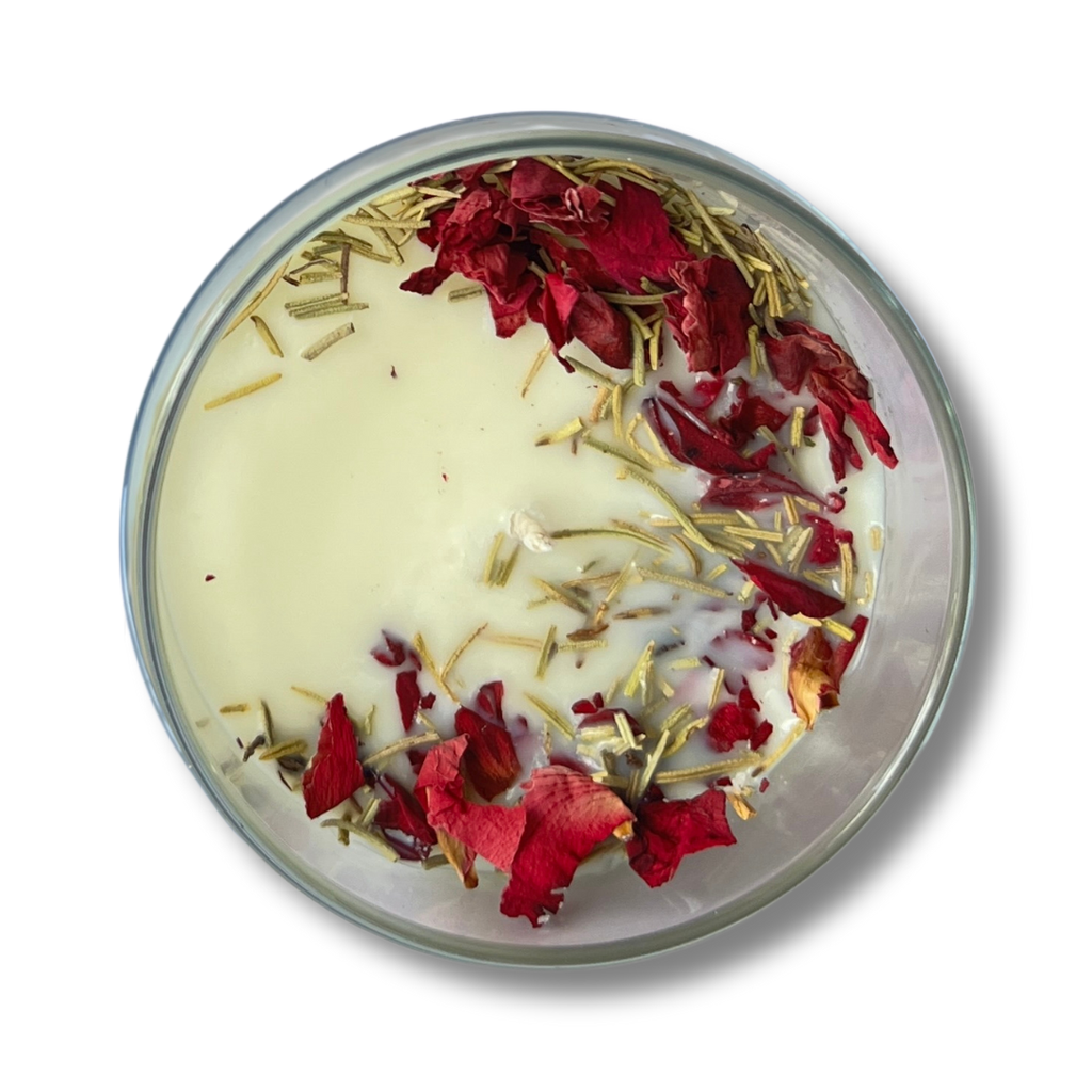 Heacate White candle with red petals and rosemary 