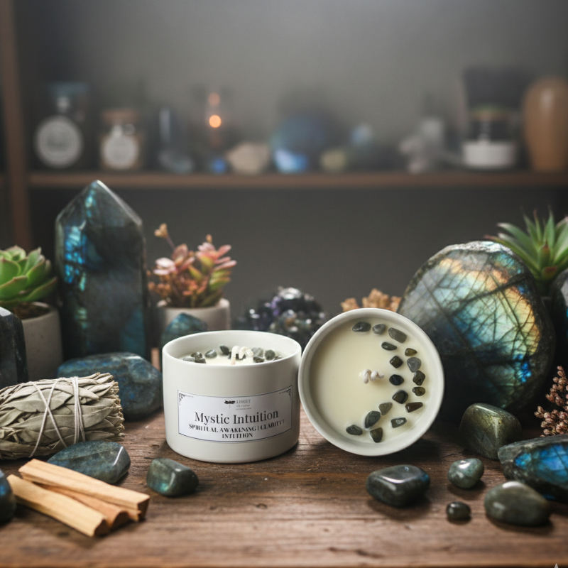 Candles labeled 'Mystic Intuition' surrounded by crystals, stones, and plants on a wooden surface.