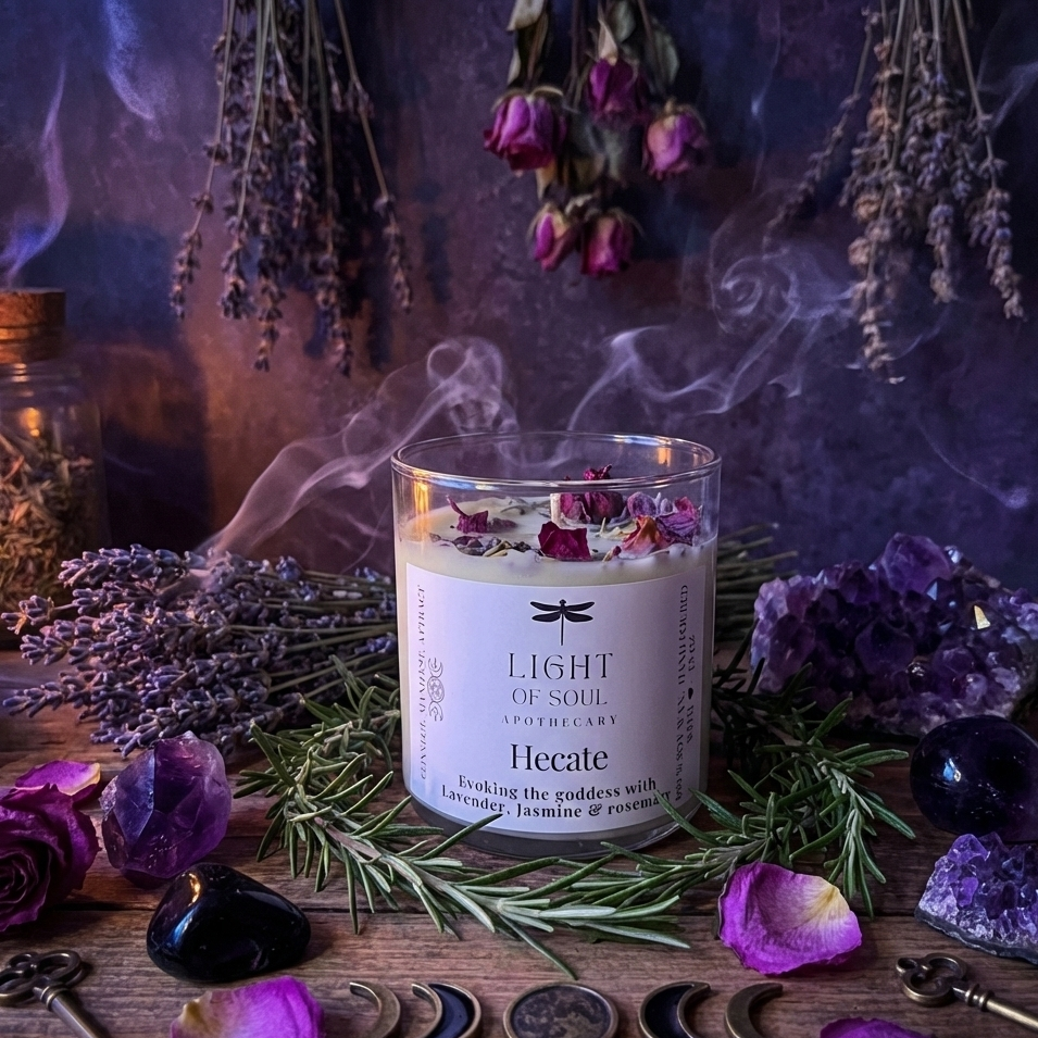 Candle labeled 'Hecate Light of Soul Apothecary' surrounded by lavender, crystals, and decorative herbs