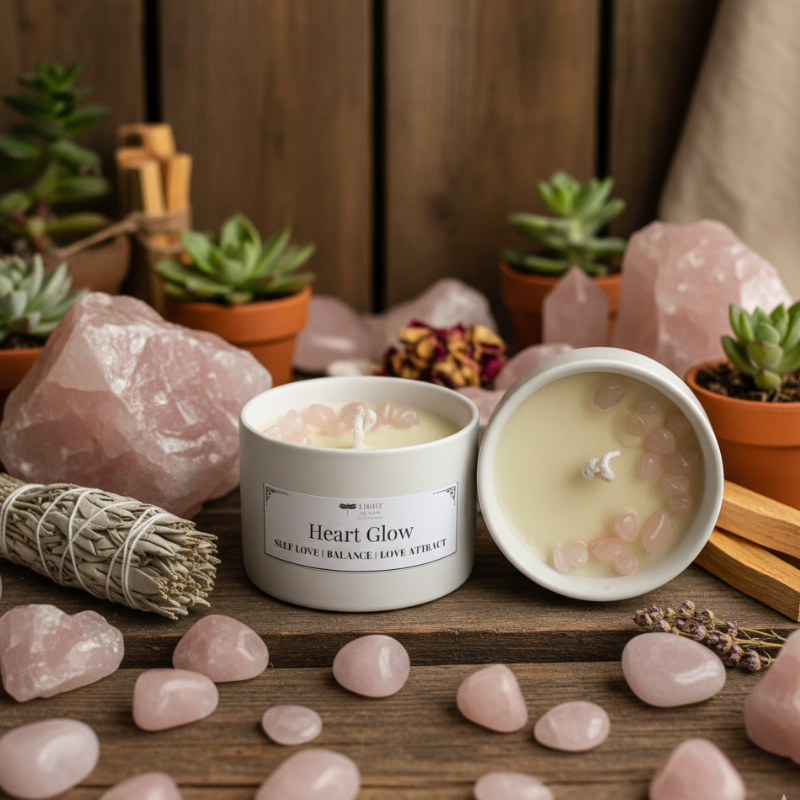 Candle labeled 'Heart Glow' surrounded by crystals, plants, and smudge stick on a wooden surface.